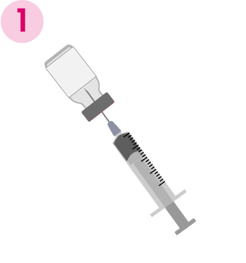Syringe pulling contents from tilted Vial 1 